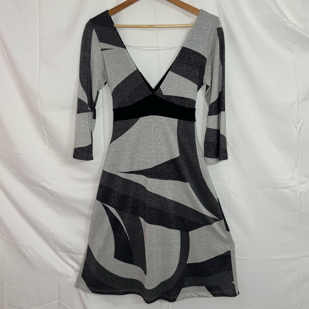 Jane Norman Silver Metallic V-Neck and Back Fit & Flare Dress in Size UK 14/US M
